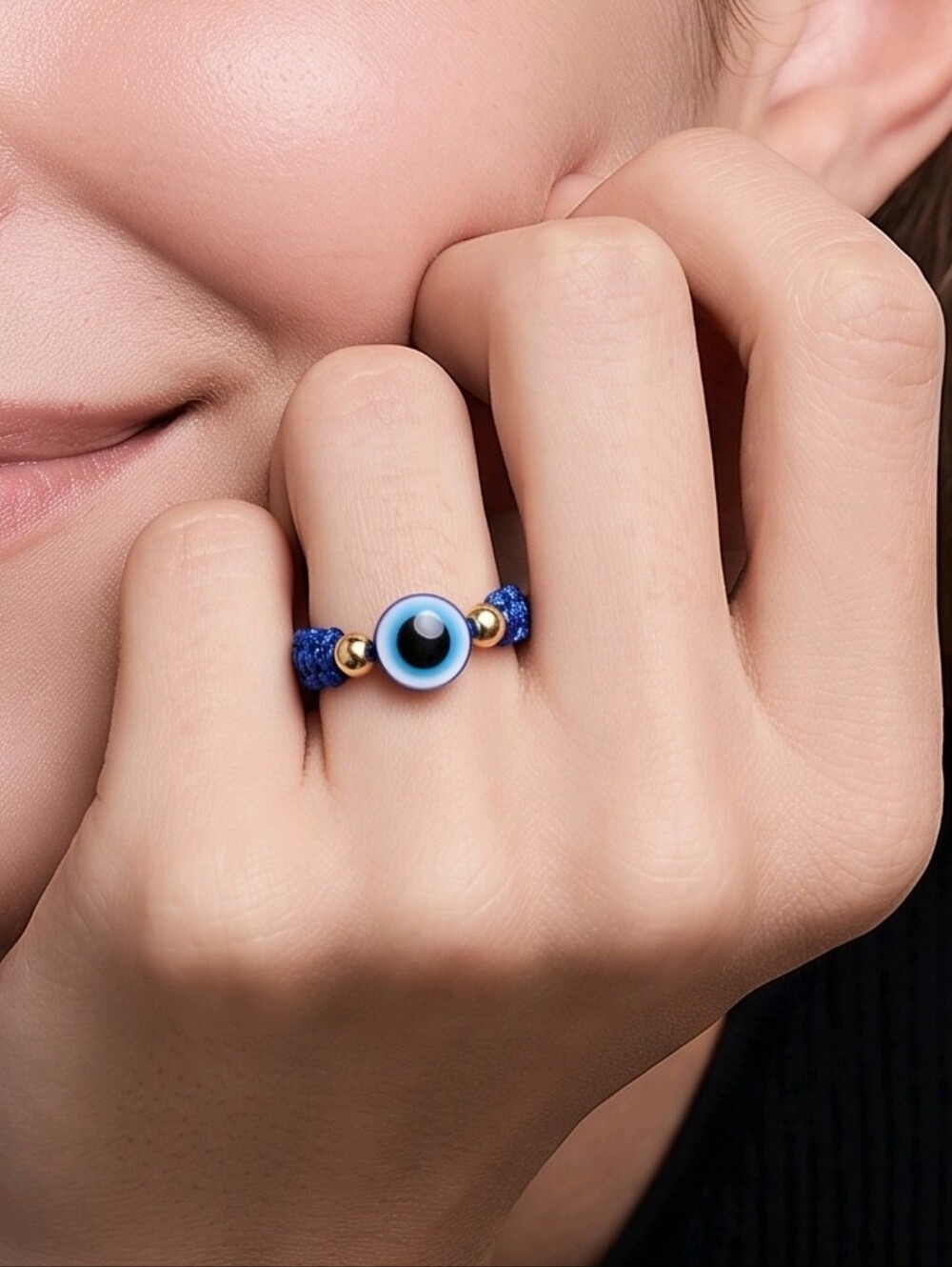 Evil Eye Nazar Ring Blue Braided Cord Adjustable Gold Talisman Thumb Plus Size